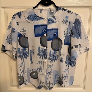 Abstract Blue and White Button-Up Blouse